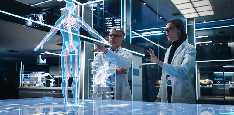 Two Bioengineers Working With Computer-Powered VFX Hologram Of Human Body And Organs In Futuristic Lab