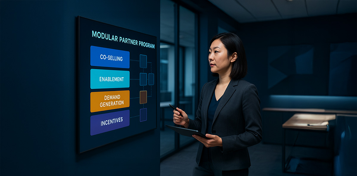 Professional presenting a modular partner program strategy for effective partner relationship management.