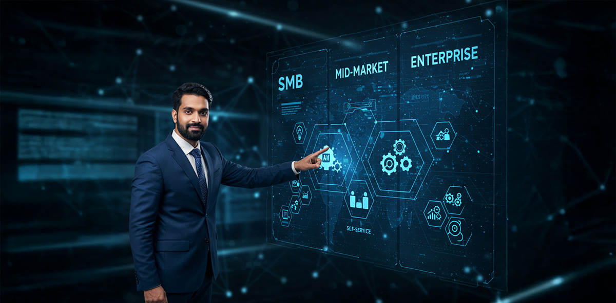 Business professional presenting AI-driven partner relationship management strategy for SMB, mid-market, and enterprise segments.