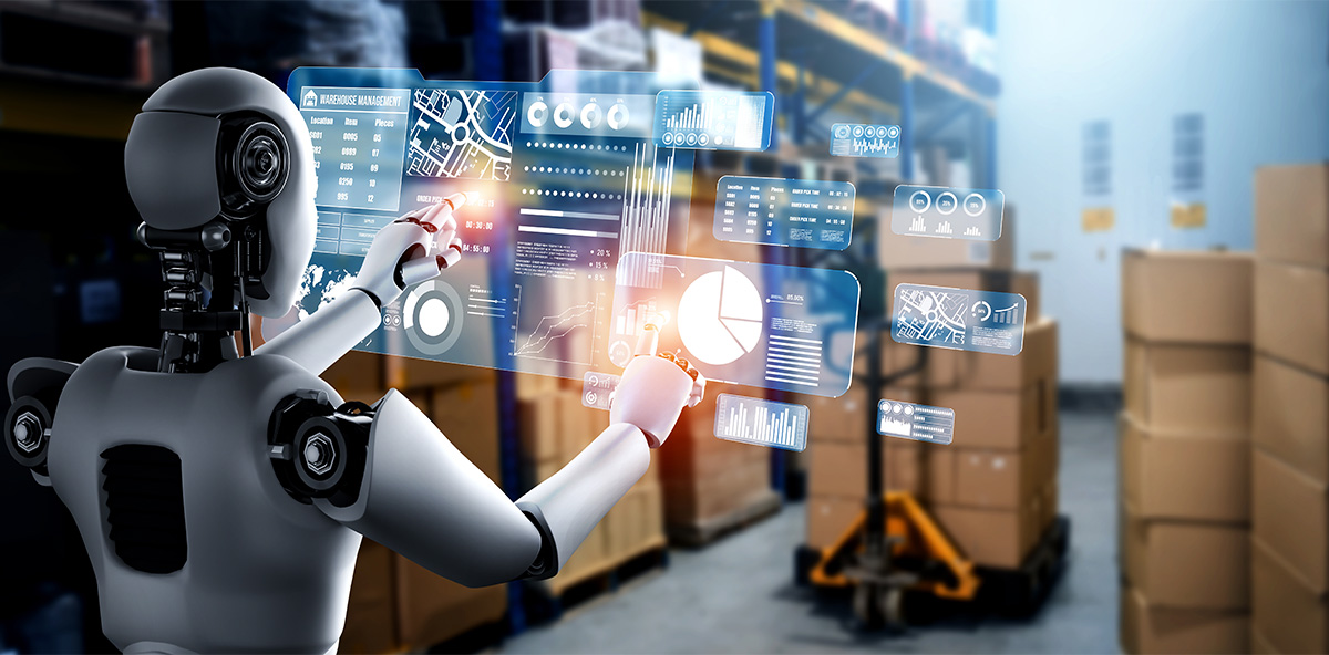 Robot managing logistics data through AI for partner relationship management in a smart warehouse.