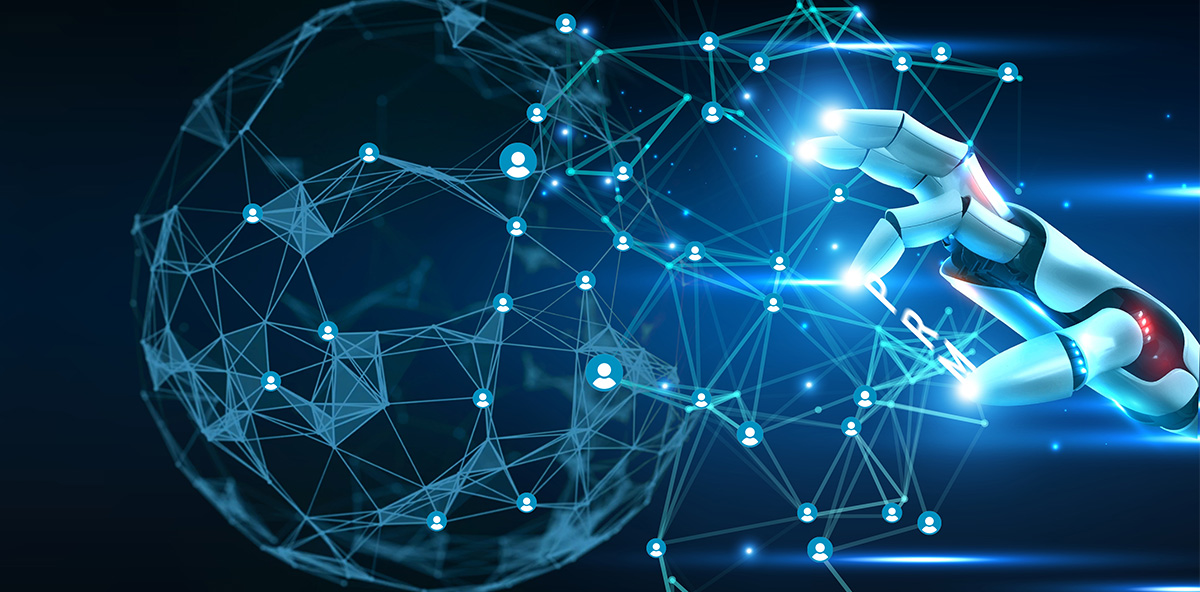 AI-powered robotic hand connecting a digital network for partner relationship management.