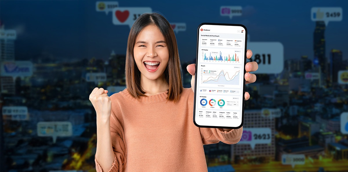 Excited woman showing analytics on smartphone, highlighting success in Partnering.