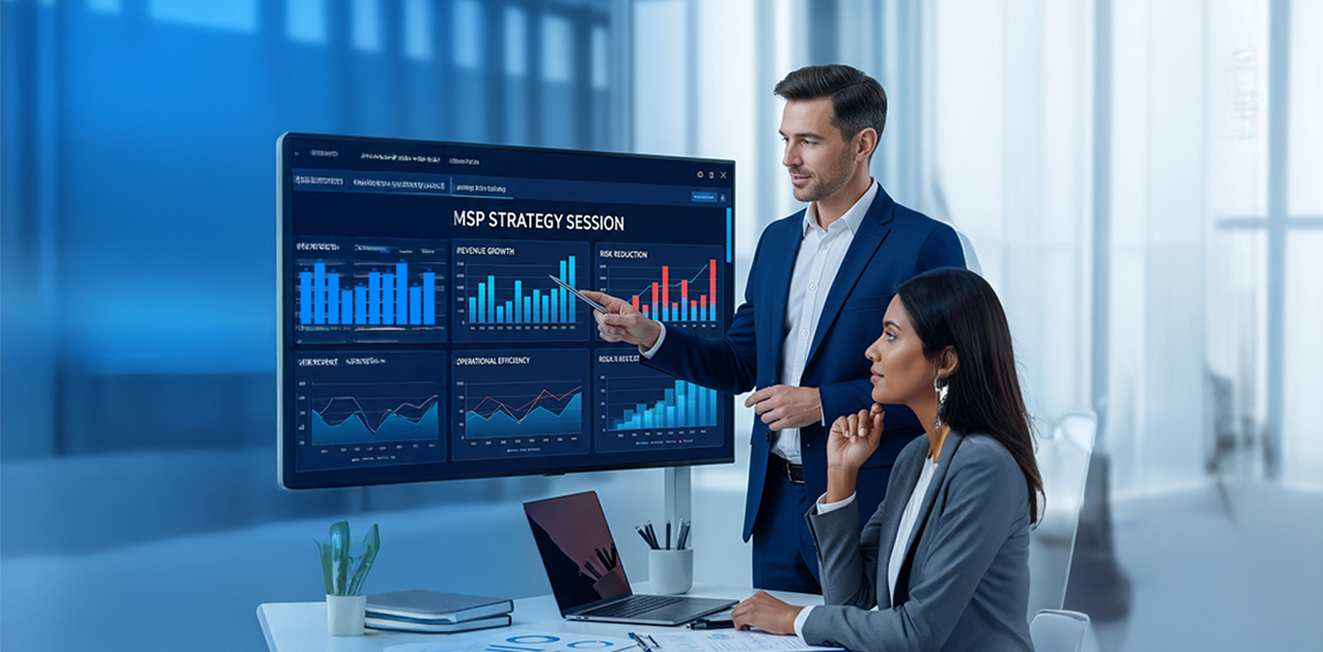 MSP strategy session with professionals reviewing revenue growth, risk reduction, and operational efficiency data.