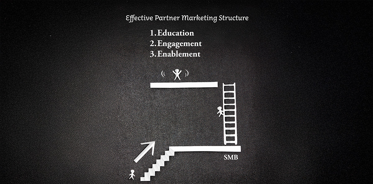 Illustration of a staircase and ladder representing the three key steps of an effective partner marketing structure: Education, Engagement, and Enablement for SMB growth.