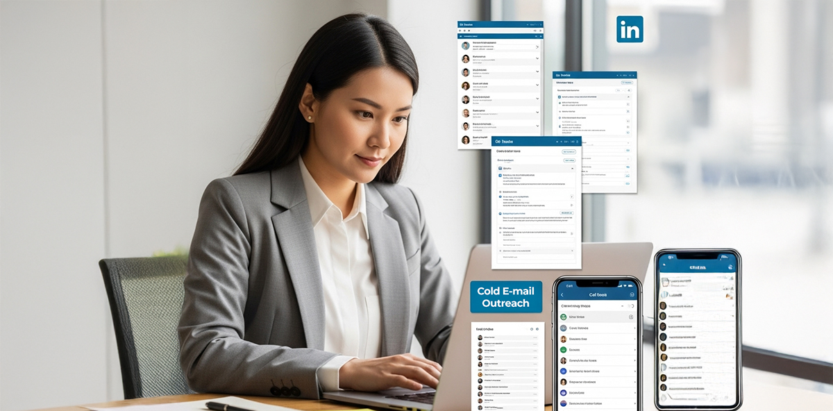 Professional using LinkedIn and cold email tools for Social Selling outreach