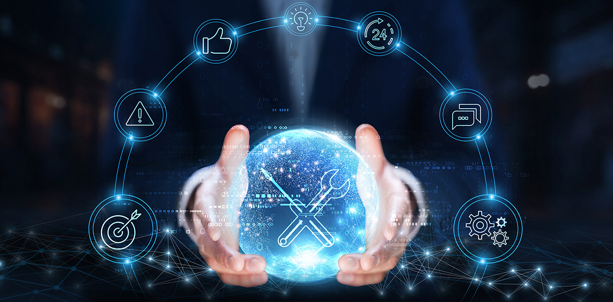 MSP solutions and IT support services concept with digital tools and 24/7 management icons.