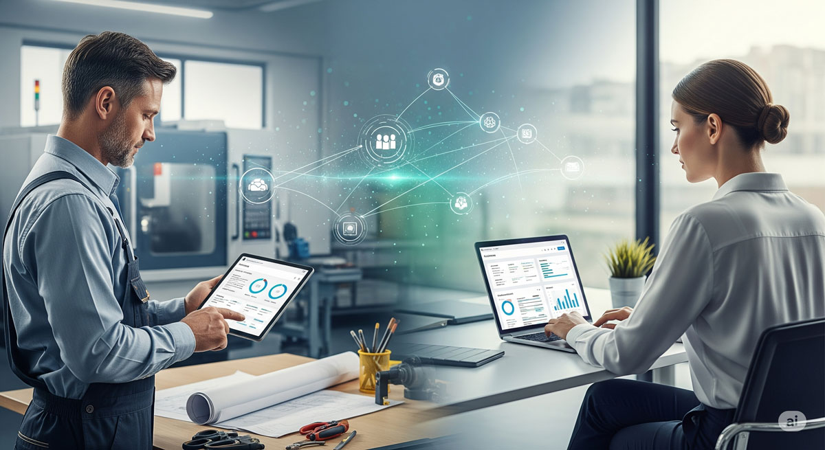 Two employees testing the key features of the best prm software.