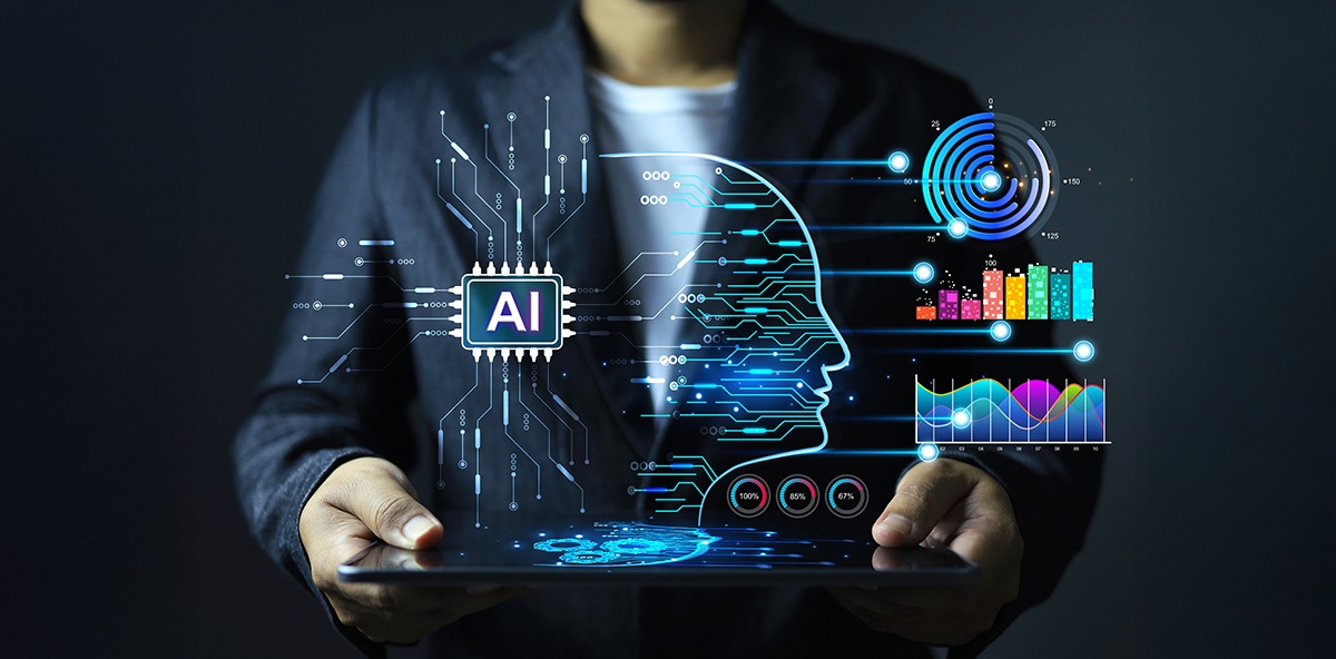 Artificial Intelligence in partner marketing for data aggregation and predictive analytics, visualized with digital charts and AI technology.