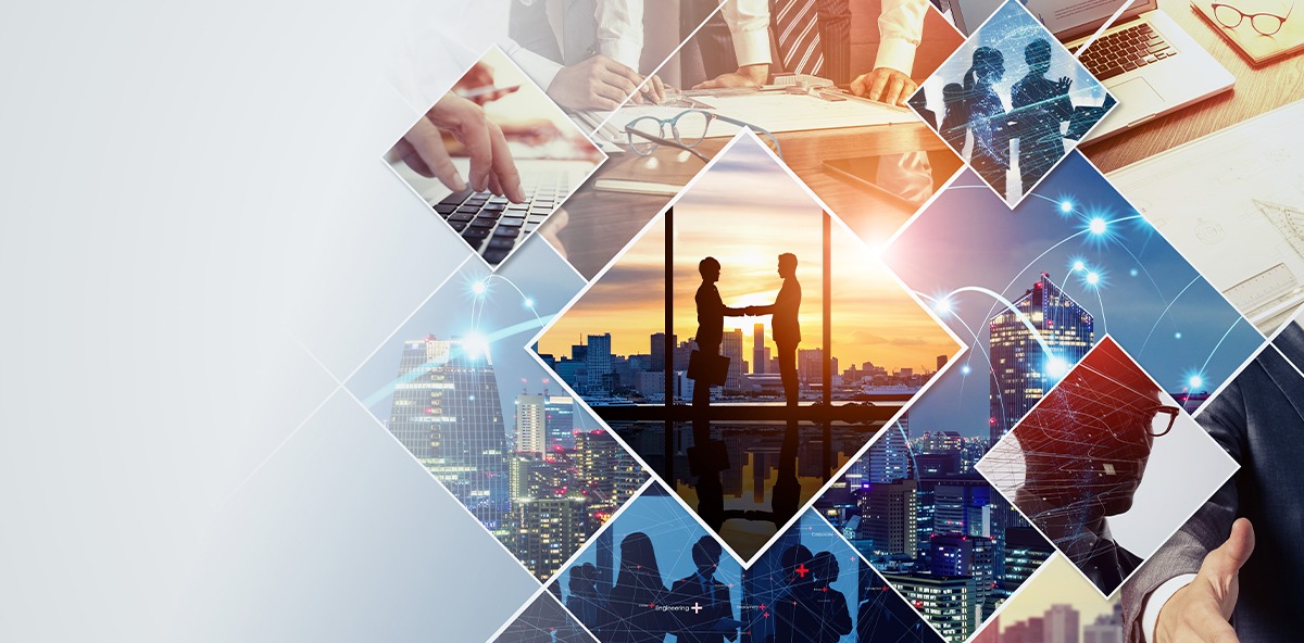 Collage of business and technology visuals symbolizing building consensus in partner marketing strategies.