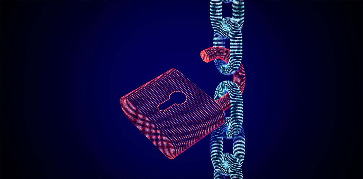 Digital padlock and chain symbolizing cybersecurity risks in the supply chain.