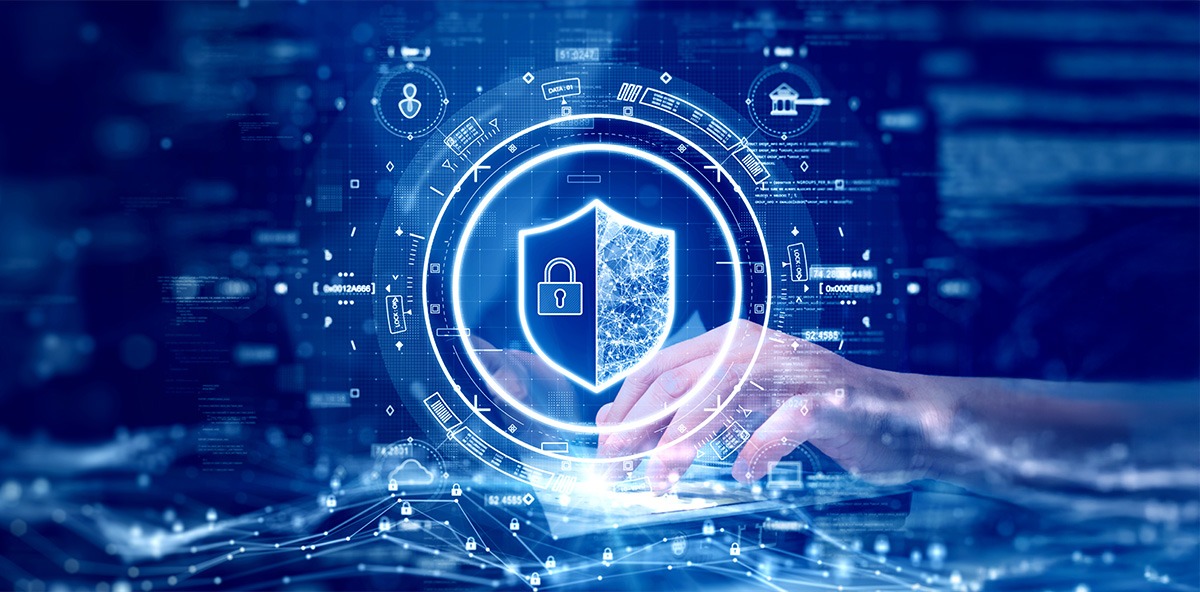 Digital shield with lock symbol representing cybersecurity protection on a virtual interface.