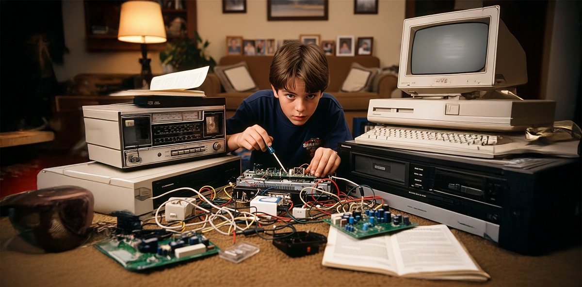 Young boy experimenting with vintage electronics and computers, showing early interest in cybersecurity.