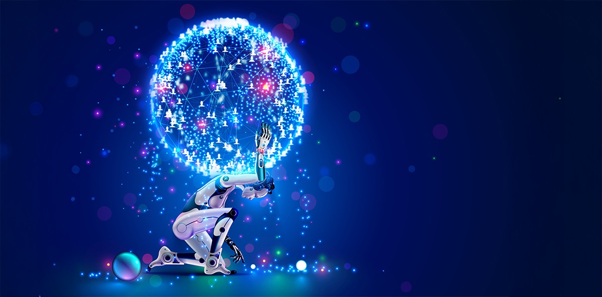 Artificial Intelligence symbolizing the future of partner marketing, with a robot holding a glowing digital network globe.