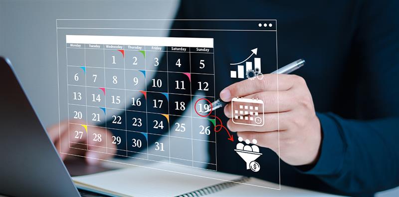 Digital calendar with business icons symbolizing partner marketing planning, scheduling, and campaign strategy.