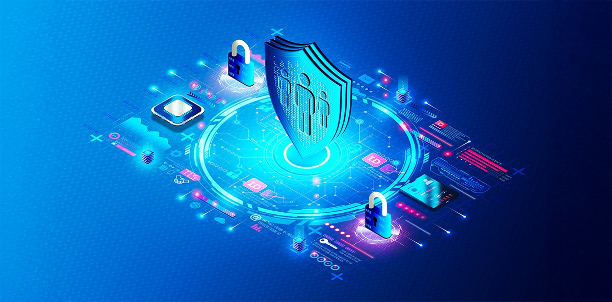 Digital shield with locks and data icons representing advanced cybersecurity services.