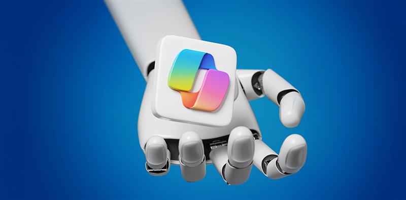 Robotic hand holding AI symbol, representing innovation in the Microsoft ecosystem.