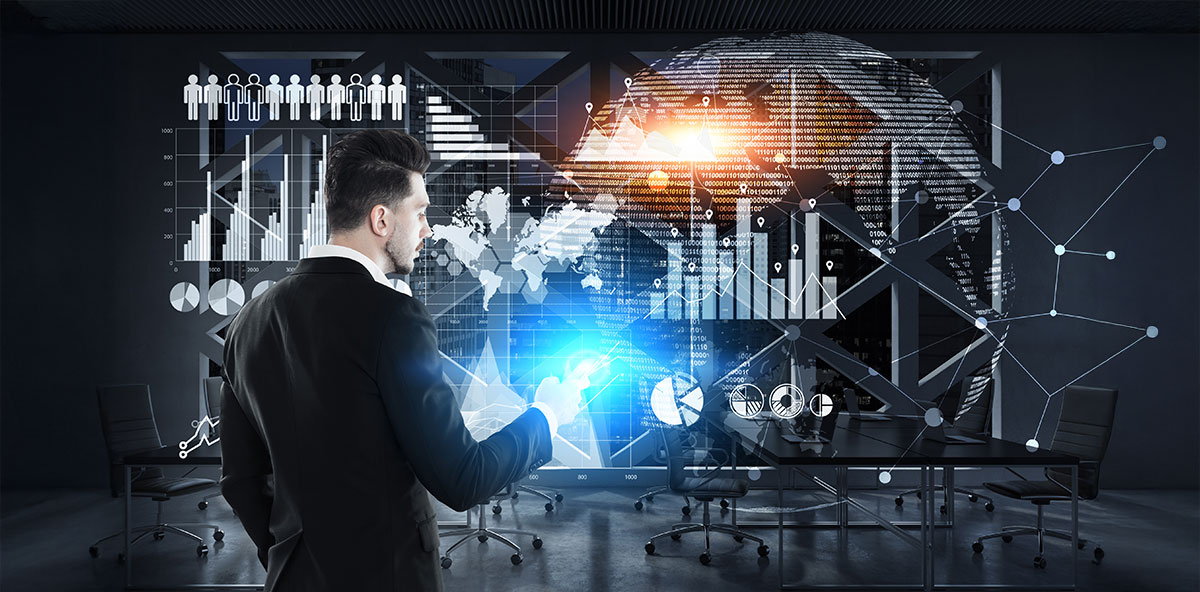 Business professional analyzing global digital data and charts representing AI-driven Partner Marketing and performance optimization.