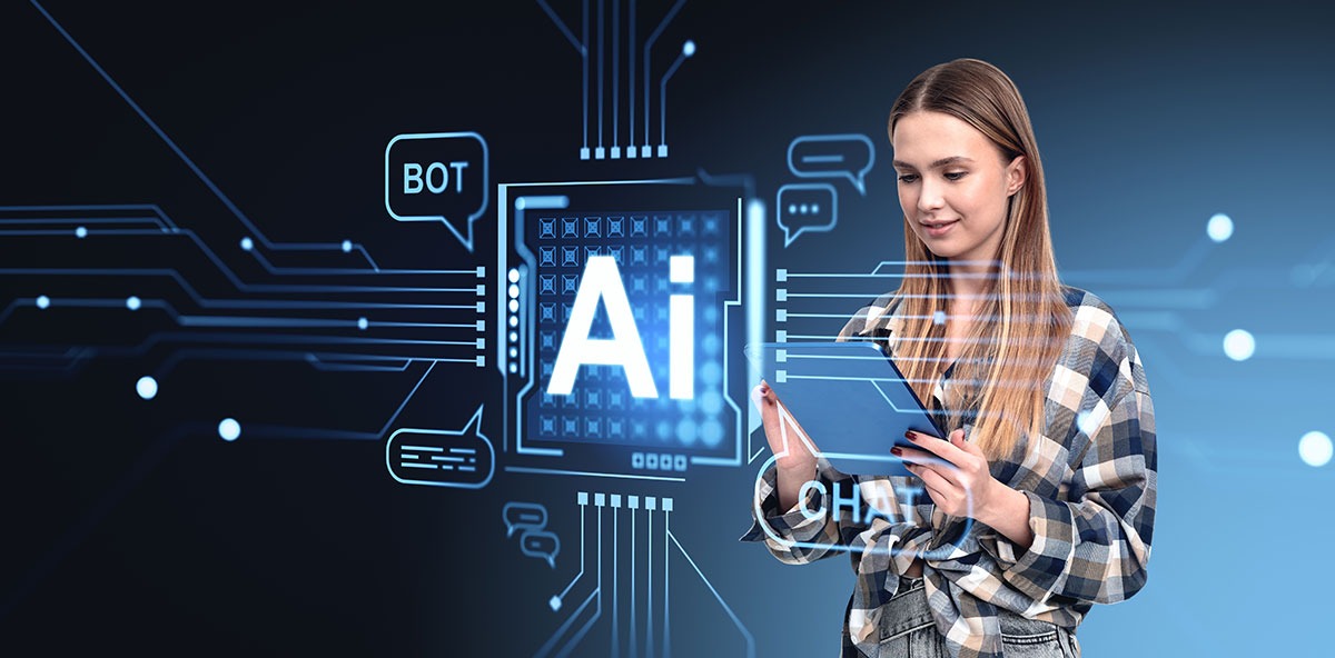 Woman using tablet with AI and chatbot graphics, symbolizing intelligent automation in Industry 4.0.