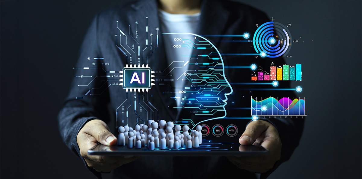 Business professional holding a tablet displaying AI-powered analytics and human figures, representing intelligent partner management in Channel Partnerships.