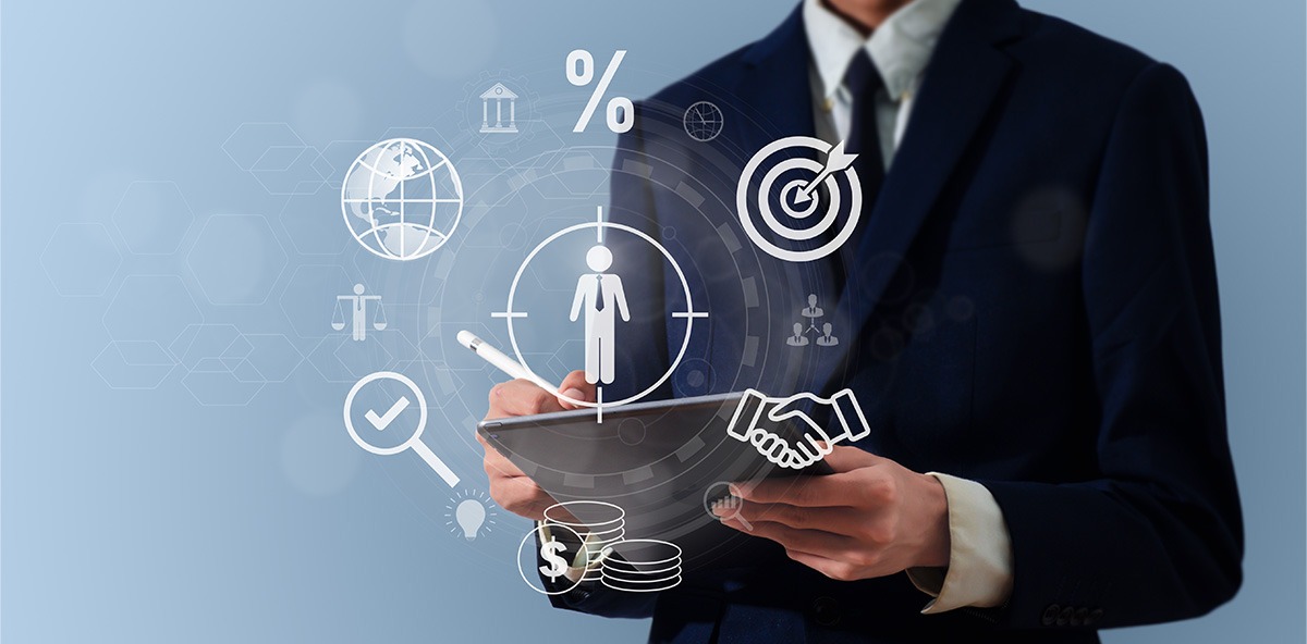 Business professional using a tablet with digital icons for growth, strategy, and handshake, symbolizing AI-driven Channel Partnerships.