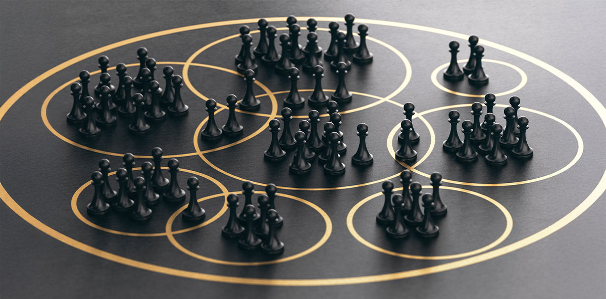 Groups of chess pawns arranged within interconnected golden circles representing Partner Ecosystems structure and categorization strategy.