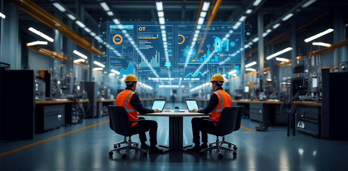 Operators analyzing real-time data in a digital factory powered by Industry 4.0.