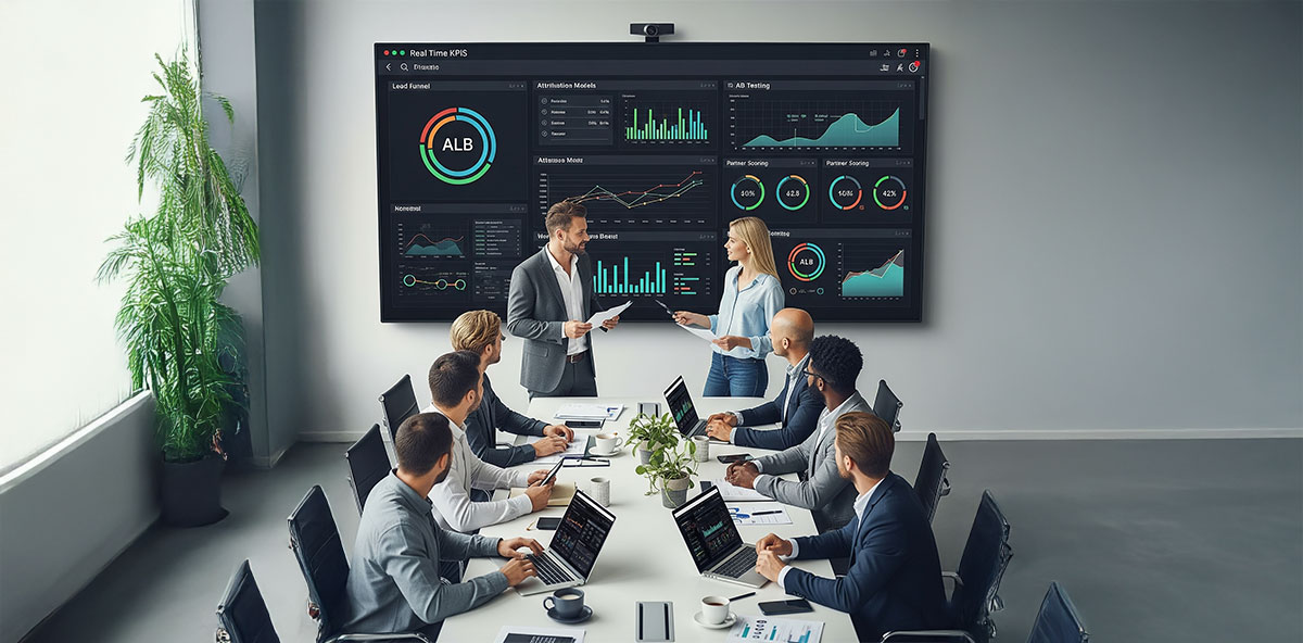 Business team reviewing real-time analytics dashboard in a meeting, illustrating data-driven Partner Marketing measurement and continuous improvement.