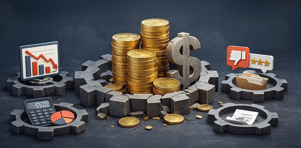 Stacks of gold coins and a large dollar symbol surrounded by gears and charts, illustrating financial challenges and ROI in Manufacturing Partner Programs.