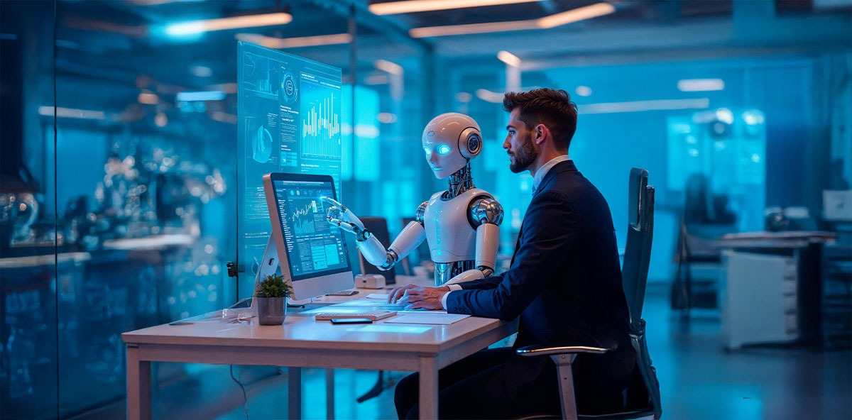 Business professional collaborating with humanoid robot on data analytics, showcasing AI-IoT convergence in Industry 4.0.
