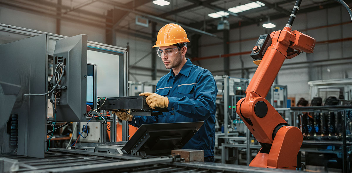 Technician working alongside an orange robotic arm on an automated assembly line, representing the integration of robotics and human expertise in Industry 4.0 manufacturing.