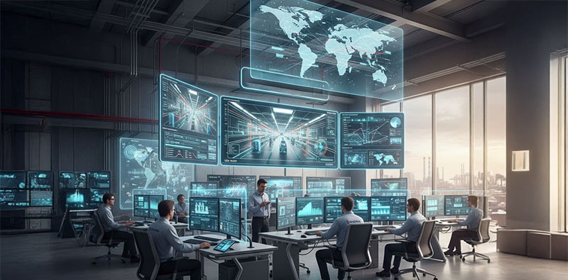 AI Transformation driving a futuristic control center where professionals analyze global data through advanced holographic dashboards and intelligent systems.