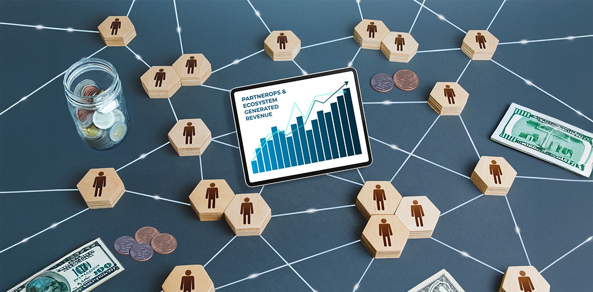Tablet displaying PartnerOps and ecosystem revenue growth surrounded by networked icons and money symbols.