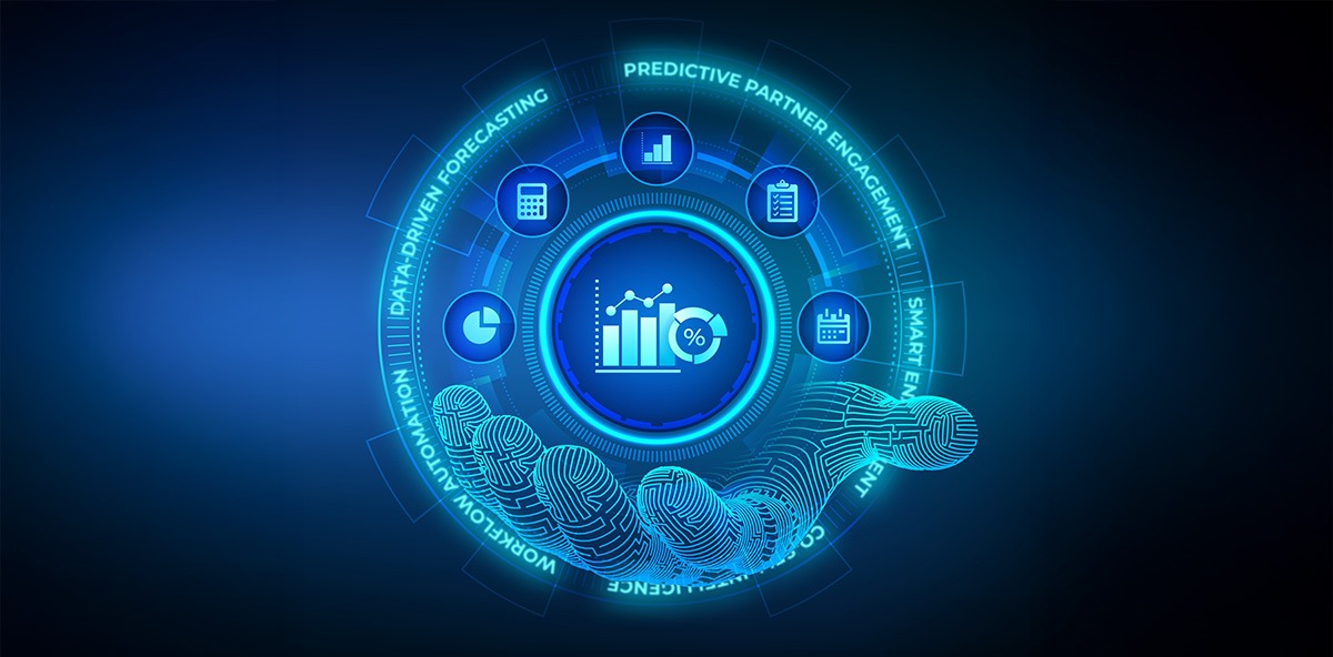 Digital hand holding data-driven PartnerOps and RevOps automation icons with analytics visuals.