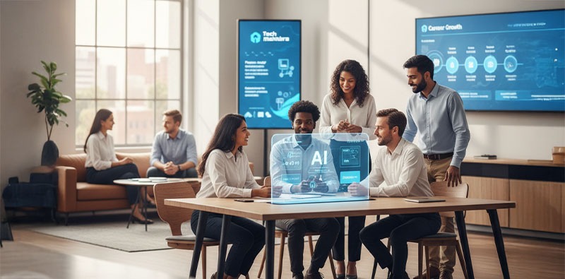 AI Transformation empowering diverse professionals at Tech Mahindra as they collaborate using advanced digital tools and holographic technology in a modern workspace.