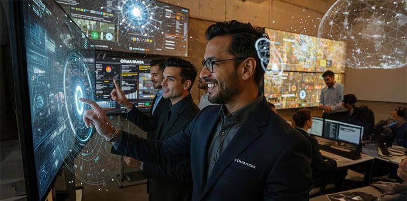 AI Transformation at Tech Mahindra showcased through professionals interacting with advanced digital interfaces, fostering innovation and future-ready talent development.