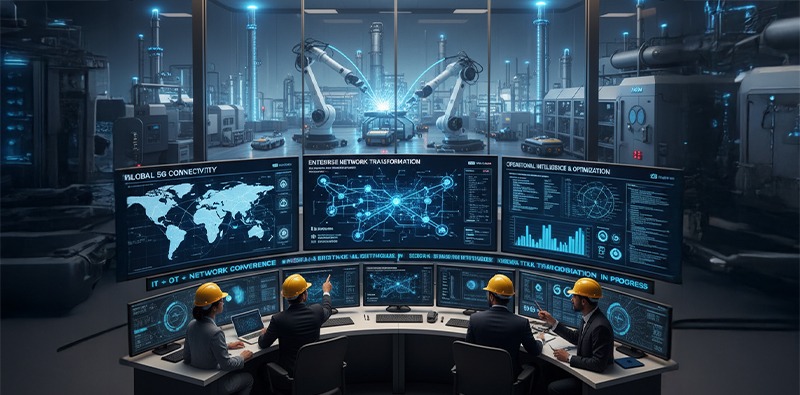Engineers monitoring AI Transformation in a smart control center, overseeing robotic arms and digital systems optimizing a futuristic manufacturing process.