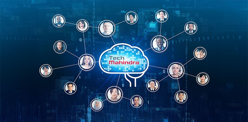 AI Transformation connecting global professionals through Tech Mahindra’s digital cloud network, symbolizing collaboration and innovation across intelligent service ecosystems.