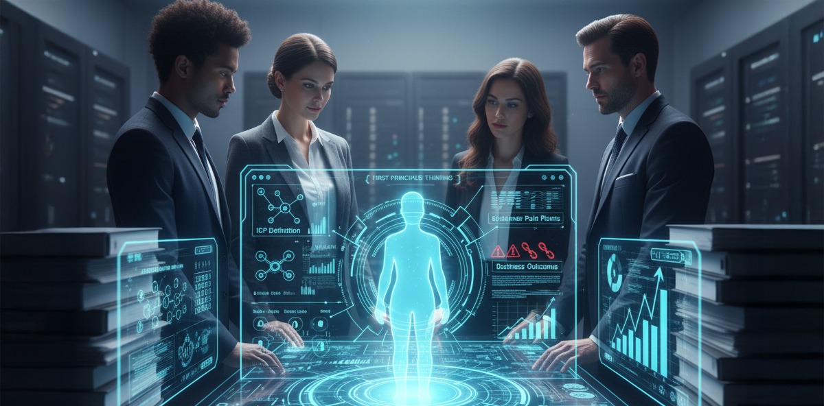 Business team analyzing a holographic customer model and data insights, emphasizing customer-centric strategy within the Partner Ecosystem.