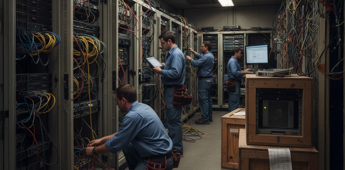 Technicians working among complex hardware racks and cables, representing the operational challenges within the partner ecosystem.