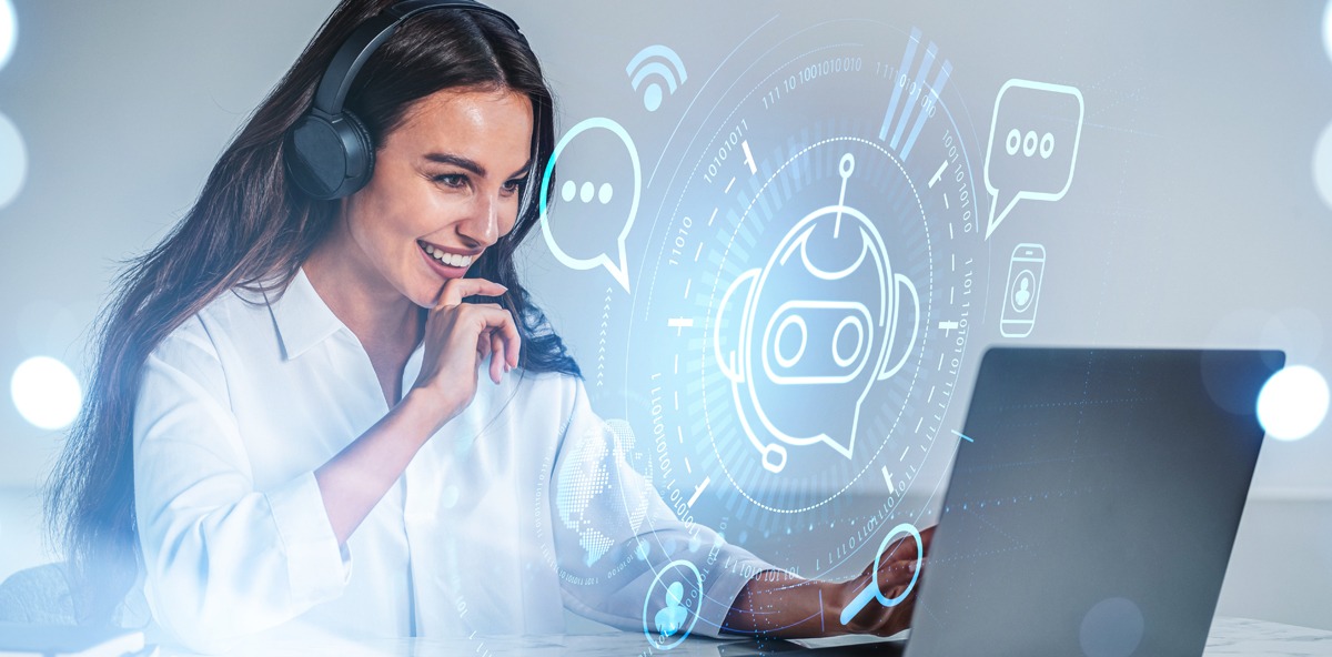 Woman using a laptop with AI chatbot icons and digital interface, representing automation and productivity gains in the partner ecosystem.