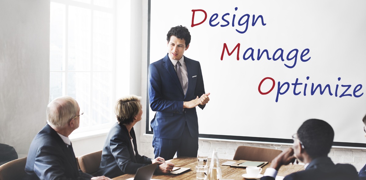 Business leader presenting a Design–Manage–Optimize framework to a team, highlighting strategic planning within the Partner Ecosystem.