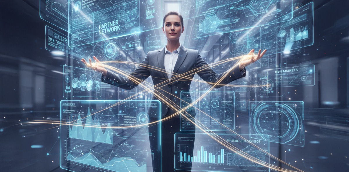Business leader surrounded by digital partner network data, symbolizing intelligent coordination and growth within the partner ecosystem.