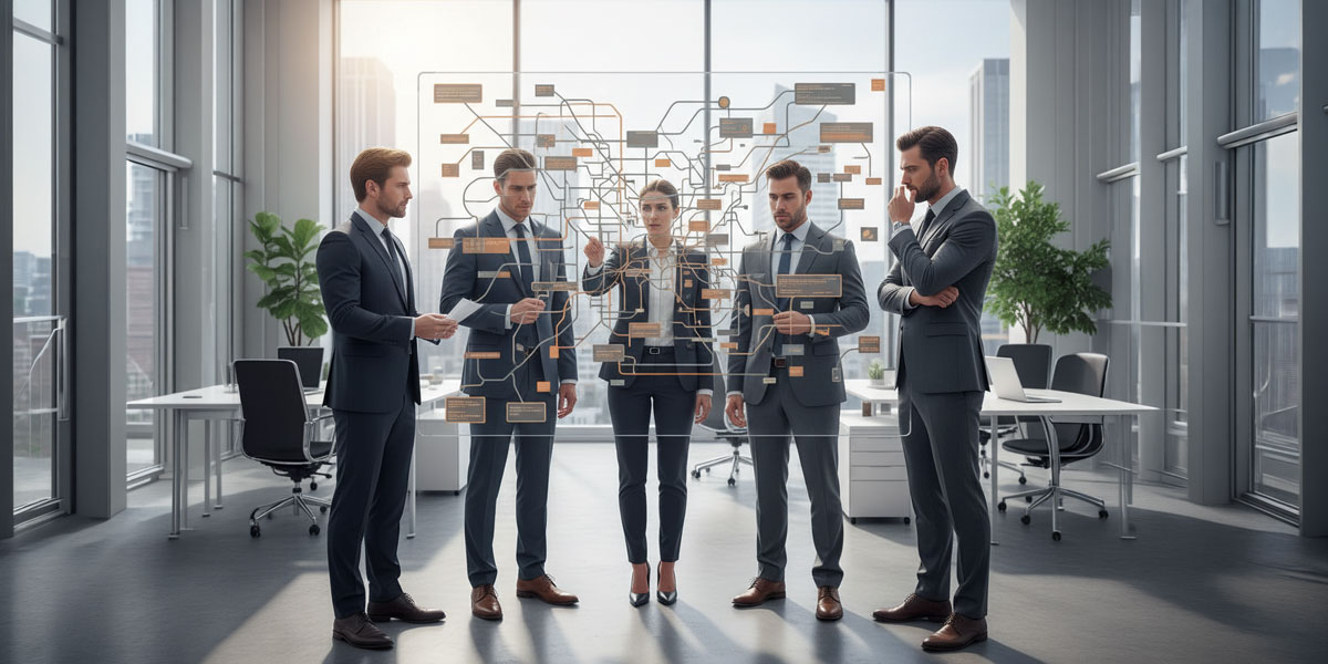 A group of corporate executives looking at a complicated flowchart, representing the bureaucracy that hinders corporate intrapreneurship.