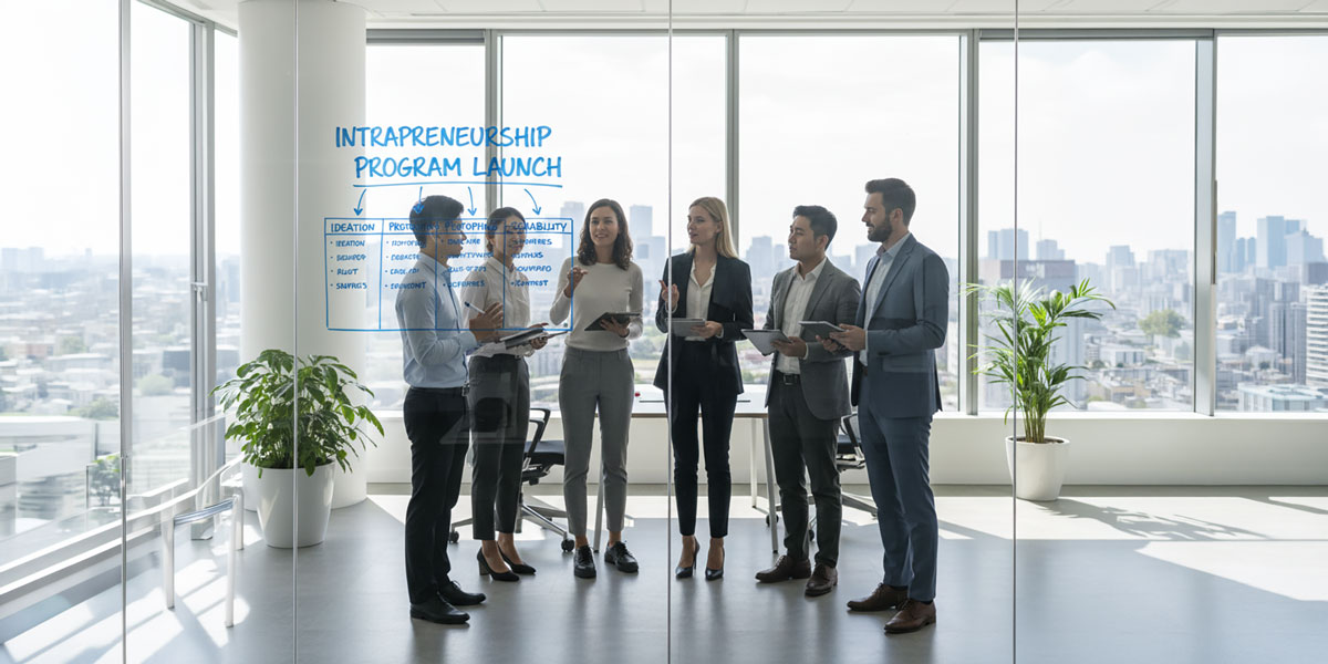 A team of diverse professionals collaborating around a whiteboard, planning the steps for a successful corporate intrapreneurship program.