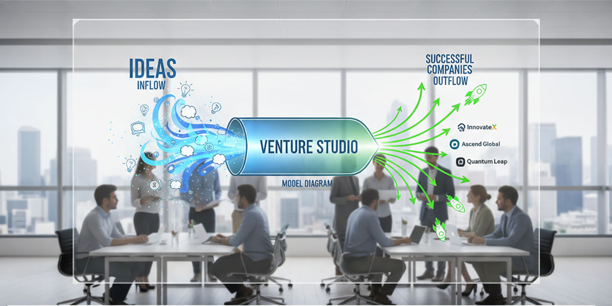 A diagram showing the venture studio model, with ideas flowing in and successful companies flowing out.
