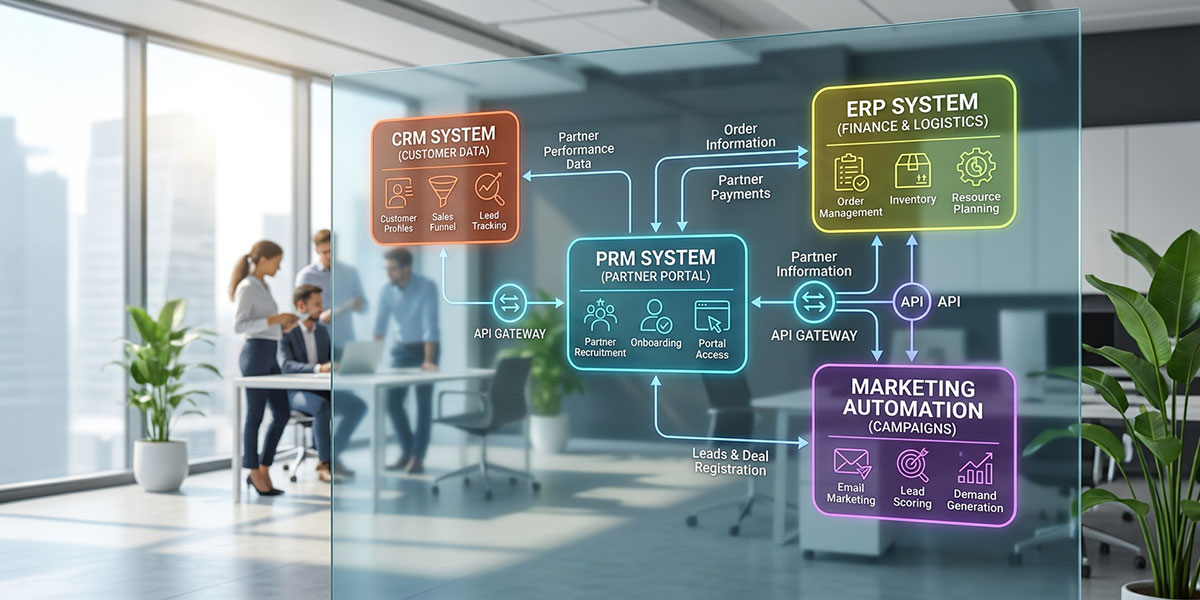 Diagram illustrating the integration of PRM software with CRM, ERP, and marketing automation systems through APIs