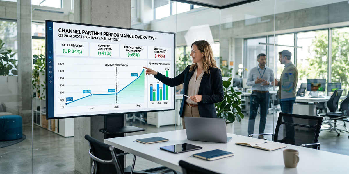 A dashboard graph showing upward trends in channel partner performance metrics after implementing PRM software