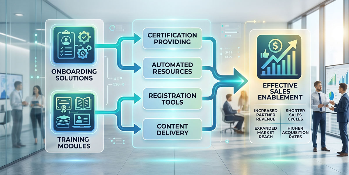 A flowchart showing how Partner Relationship Management features like onboarding and training lead to effective sales enablement.