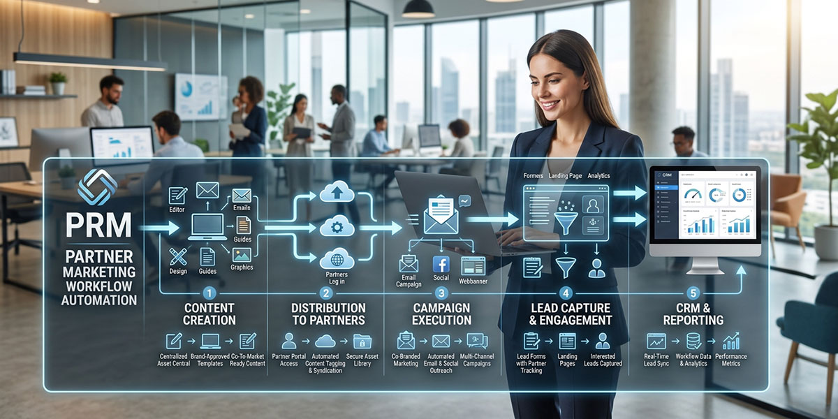 A diagram showing how PRM software automates partner marketing workflows from content creation to lead capture