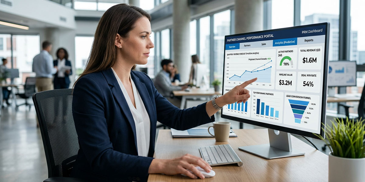 A user interacting with a PRM dashboard featuring predictive analytics charts and performance indicators for a partner channel.